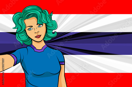 Pop art girl with unicorn color hair style. Young fan girl makes selfie before the national flag of Thailand. Vector sport illustration in retro comic style