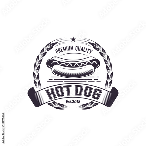Vintage hot dog badge logo, Retro classic illustration. Vector Emblem
