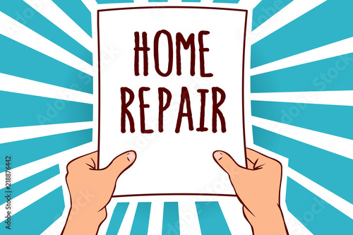 Word writing text Home Repair. Business concept for maintenance or improving your own house by yourself using tools Man holding paper important message remarkable blue rays enlighten ideas.
