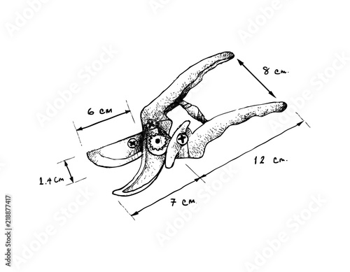 Illustration Hand Drawn Sketch Dimension of Pruning Shears, Hand Pruners or Secateurs. A Garden Tool Used to Used to Cut, Remove and Trim Branches of Trees and Shrubs.