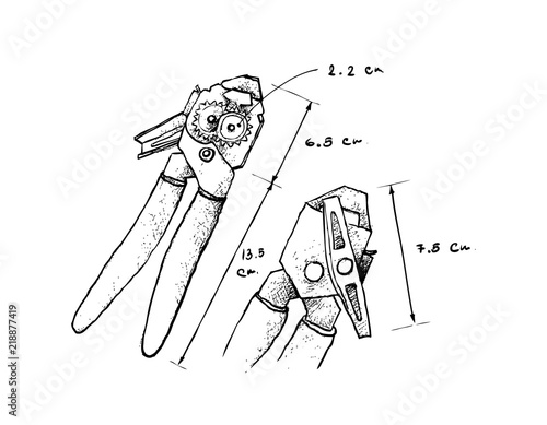 Illustration Hand Drawn Sketch Dimension of Can or Tin Opener Isolated on White Background. A Device Used to Open Tin and Metal Cans.