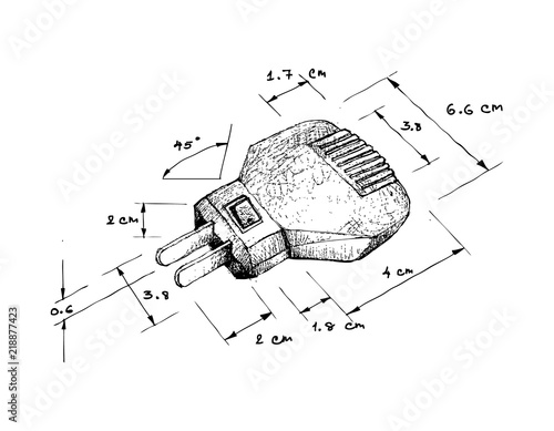 Illustration Hand Drawn Sketch Dimension of Power Plug Isolated on White Background. An Electric Equipment to be Connected to The Power Supply in Buildings and Other Sites.