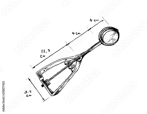 Illustration Hand Drawn Sketch Dimension of Disher Scoop Sizes or Ice Cream Scoops Isolated on White Background. A Device Used to Measure A Portion of Cookie Dough, Ice Cream and Melon Balls.