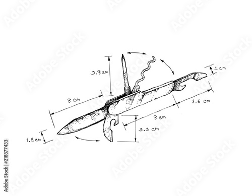 Illustration Hand Drawn Sketch Dimension of Swiss Army Knife Isolated on White Background. A Pocketknife or Multi-Tool Such As Acrewdrivers, Can opener and Many Others. 