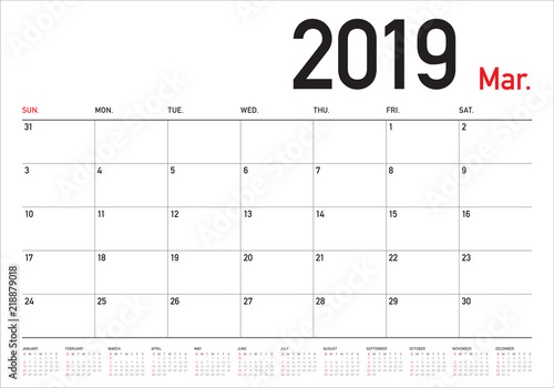 March 2019 desk calendar vector illustration