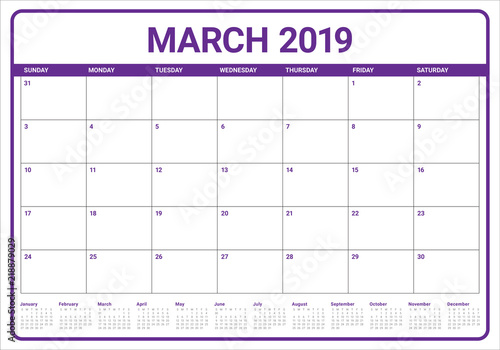 March 2019 desk calendar vector illustration