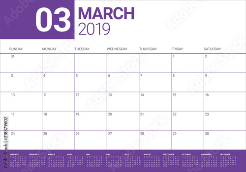 March 2019 desk calendar vector illustration