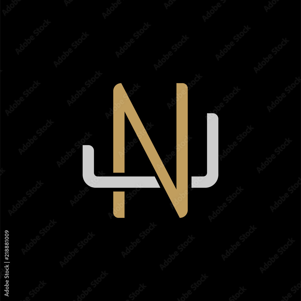 Initial letter J and N, JN, NJ, overlapping interlock logo, monogram line art style, silver gold on black background Initial letter J and N, JN, NJ, overlapping interlock logo, monogram line art style, silver gold on black background