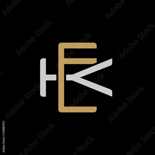 Initial letter K and E, KE, EK, overlapping interlock logo, monogram line art style, silver gold on black background