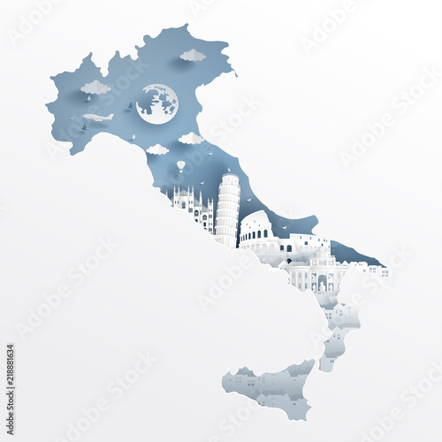 Obraz na płótnie Italy with map concept and Italian famous landmarks in paper cut style vector illustration