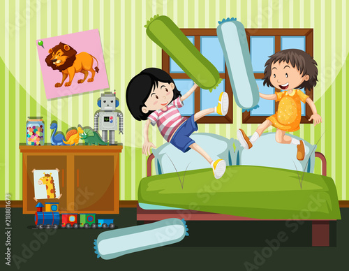 two girls having a pillow fight