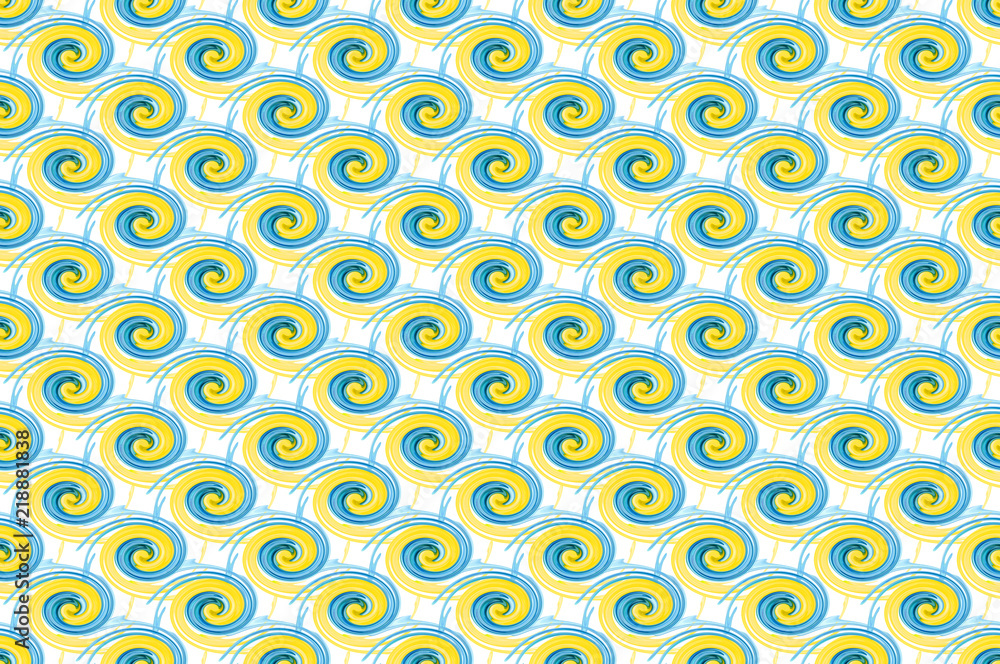 Bold blue and yellow paint swirls repeating on white, seamless tile