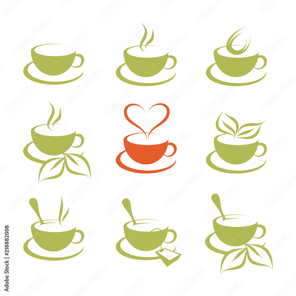 Vektorová grafika „hand drawn hot coffee cup, hot drinks, cup of tea logo,  food and drink, green tea cup, set of hot drink isolated on white  background, mug with black tea, natural