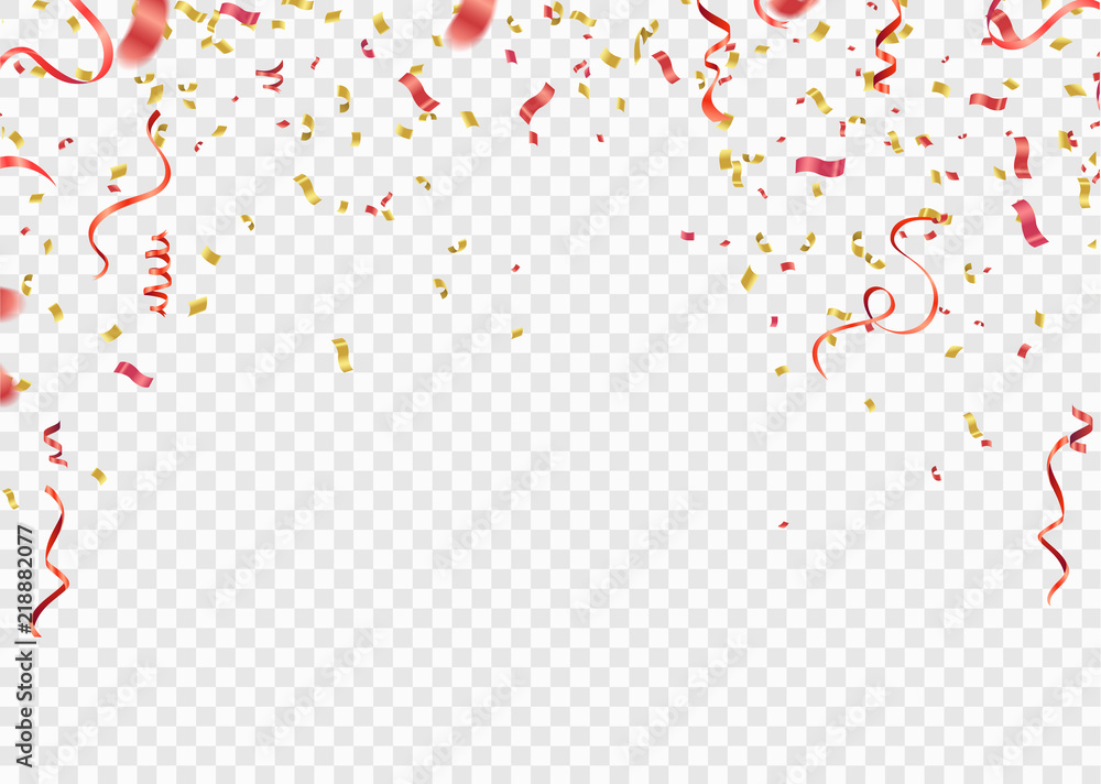 Red and gold confetti, serpentine or ribbons falling on white transparent background vector illustration. Party, festival,