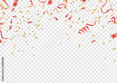 Red and gold confetti, serpentine or ribbons falling on white transparent background vector illustration. Party, festival,