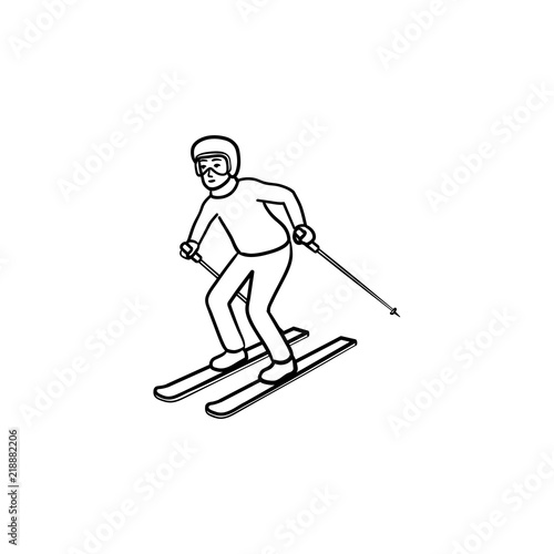 Skier skiing downhill on skis hand drawn outline doodle icon. Winter competition, skiing downhill concept. Vector sketch illustration for print, web, mobile and infographics on white background.