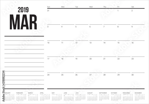 March 2019 desk calendar vector illustration