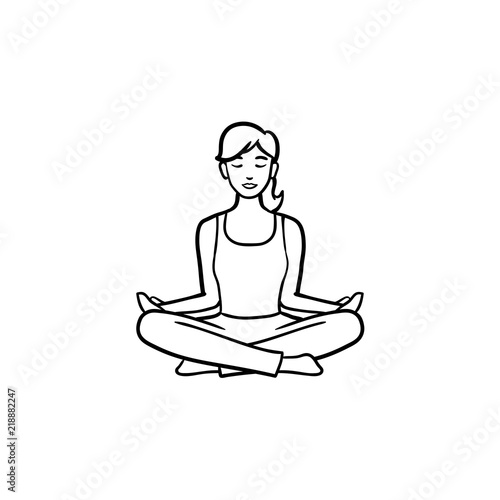 Woman sitting in yoga lotus pose hand drawn outline doodle icon. Meditation, wellness, fit and energy concept. Vector sketch illustration for print, web, mobile and infographics on white background.