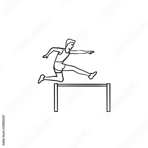 Sportsman running and jumping over obstacles hand drawn outline doodle icon. Obstacles run, speed run concept. Vector sketch illustration for print, web, mobile and infographics on white background.