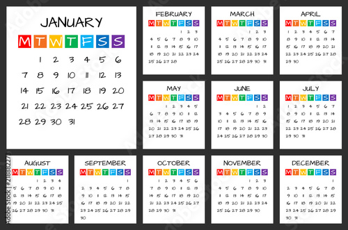 2019 full year calendar, kids style vector illustration