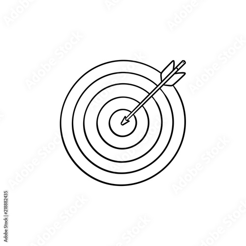 Target with arrow hand drawn outline doodle icon. Success and strategy, dartboard, perfect focus concept. Vector sketch illustration for print, web, mobile and infographics on white background.