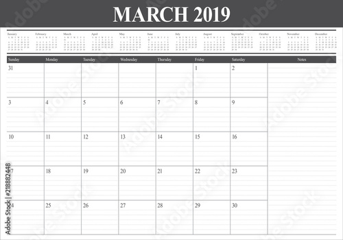 March 2019 desk calendar vector illustration