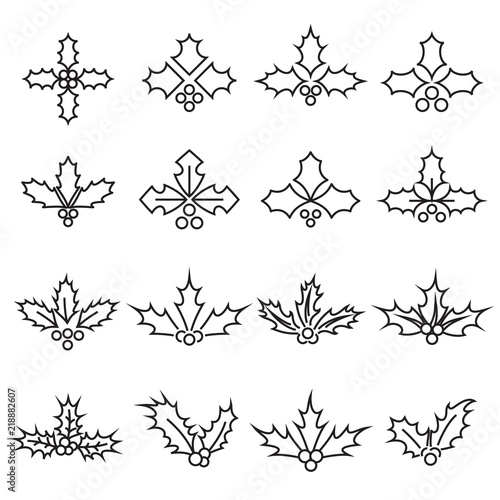 Holly berry icons. Collection of linear Christmas symbols isolated on a white background. Vector illustration. Editable stroke