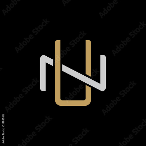 Initial letter N and U, NU, UN, overlapping interlock logo, monogram line art style, silver gold on black background