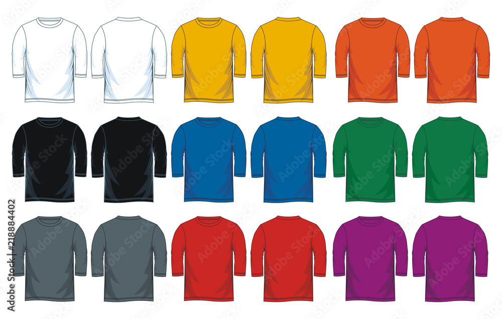 Colorful three quarter sleeve t-shirt templates. Front and back vector ...