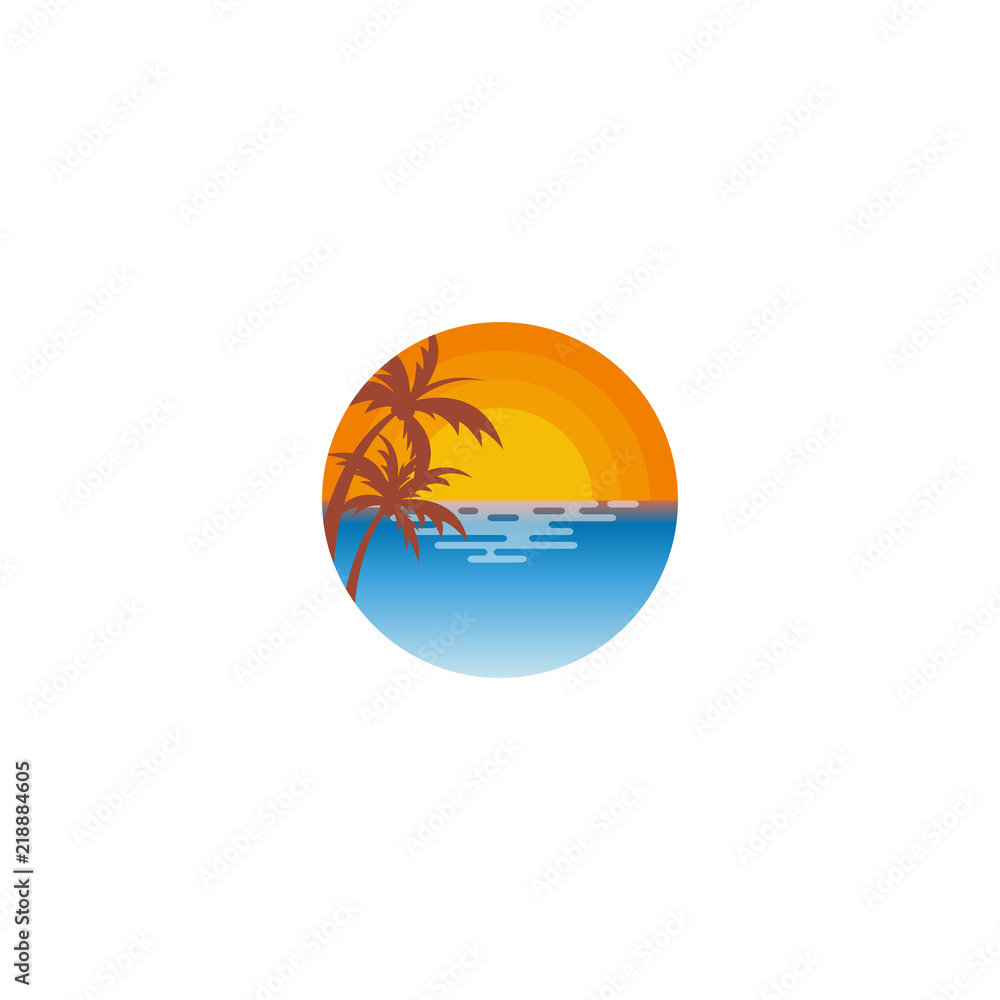 Beach logo design, beach stamp with two palm trees at sunset Beach logo design, beach stamp with two palm trees at sunset
