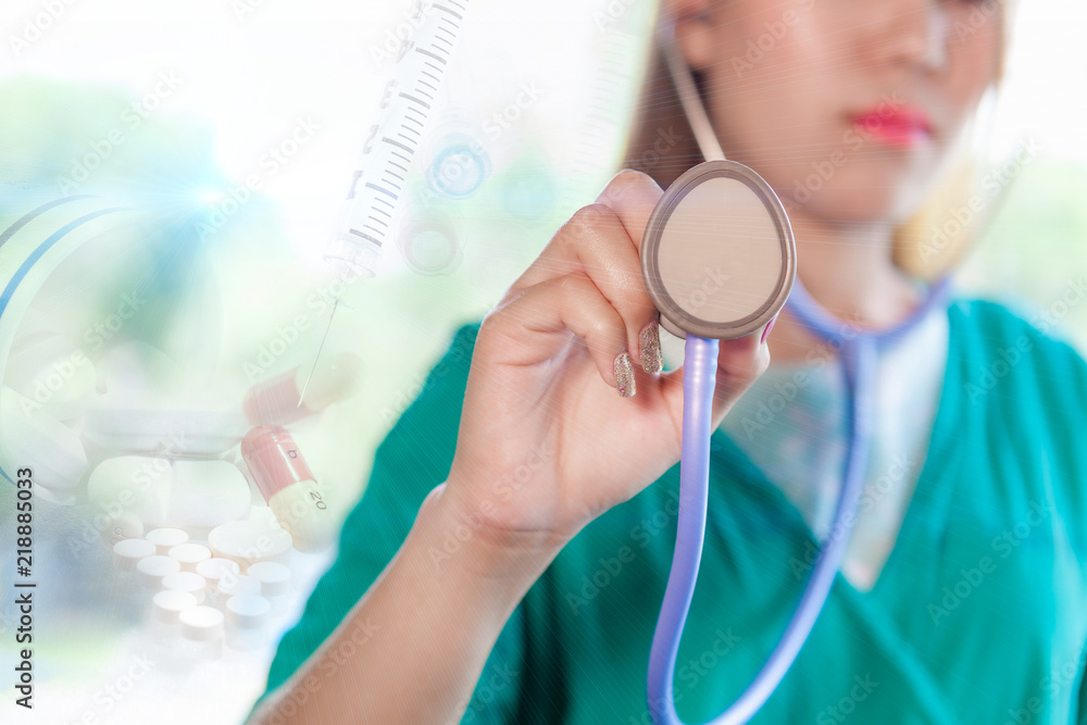 Double exposure doctor holding stethoscope Double exposure doctor holding stethoscope
