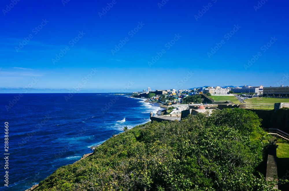 Coastline of Puerto Rico with Houses of Old San Juan and the Caribbean Sea