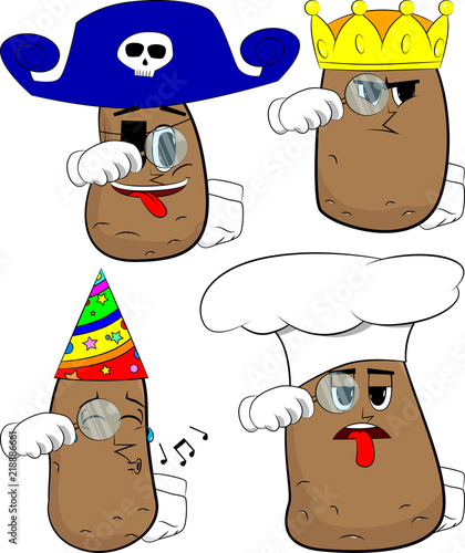 Potatoes holding a magnifying glass. Cartoon potato collection with costume faces. Expressions vector set.