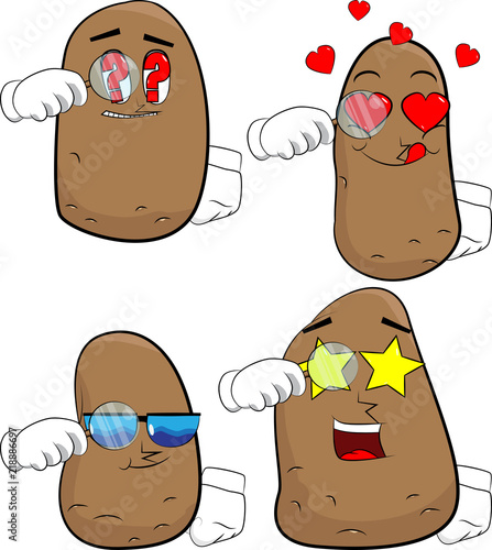 Potatoes holding a magnifying glass. Cartoon potato collection with various faces. Expressions vector set.