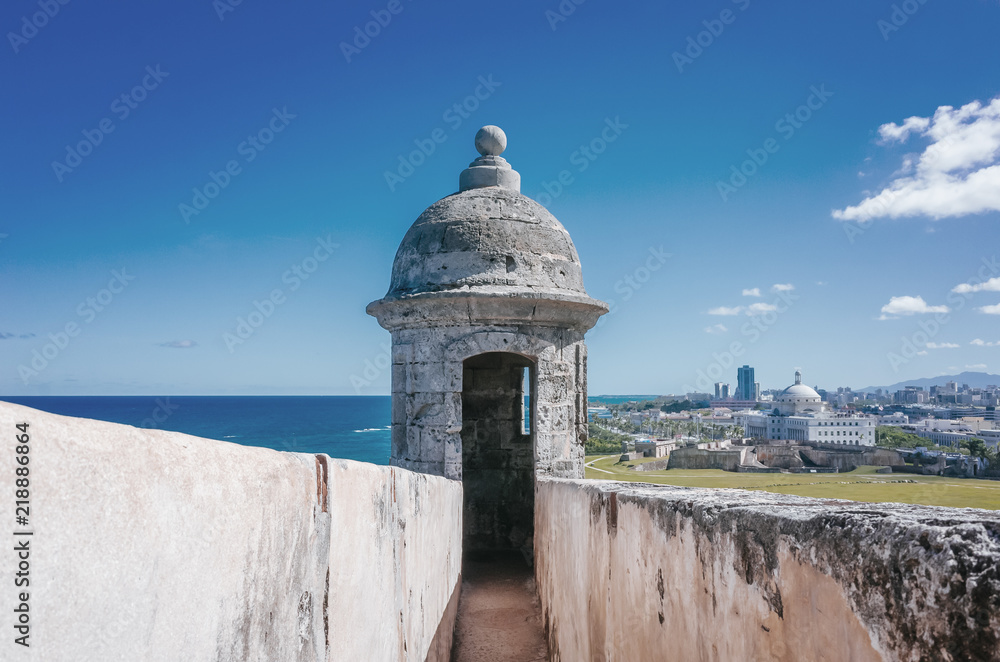 Sentry Box of San Cristobal Castle with Skyline of San Juan and the Sea in Puerto Rico Sentry Box of San Cristobal Castle with Skyline of San Juan and the Sea in Puerto Rico