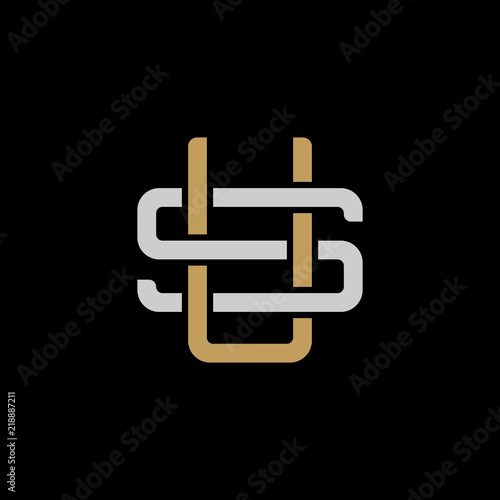 Initial letter S and U, SU, US, overlapping interlock logo, monogram line art style, silver gold on black background