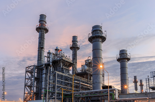 Gas turbine electrical power plant with blue hour at dusk 