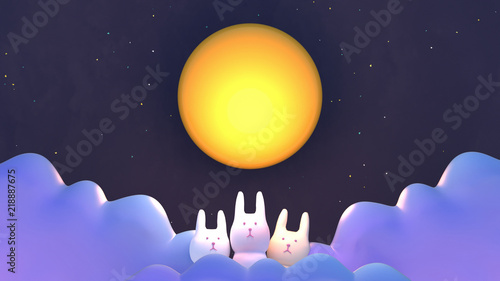 Chinese Mid Autumn Festival design. Cute rabbits under big full moon. 3d rendering picture.