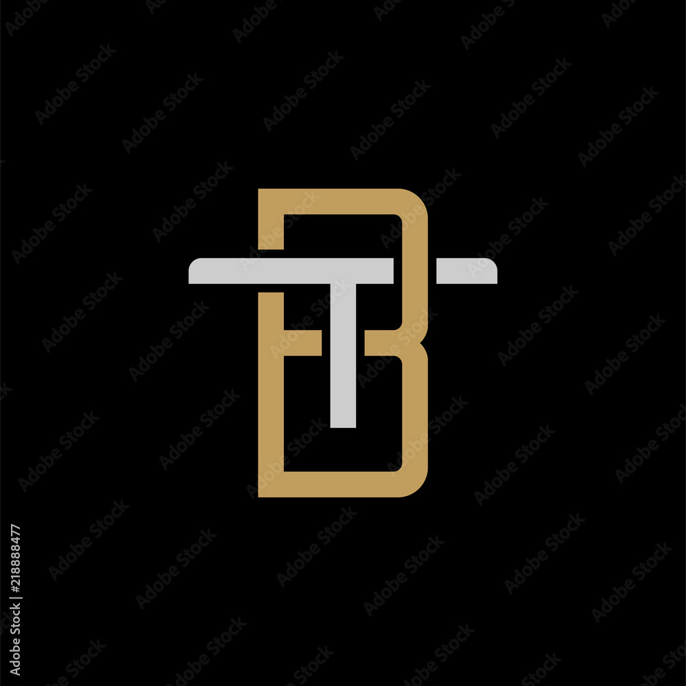 Initial letter T and B, TB, BT, overlapping interlock logo, monogram line art style, silver gold on black background