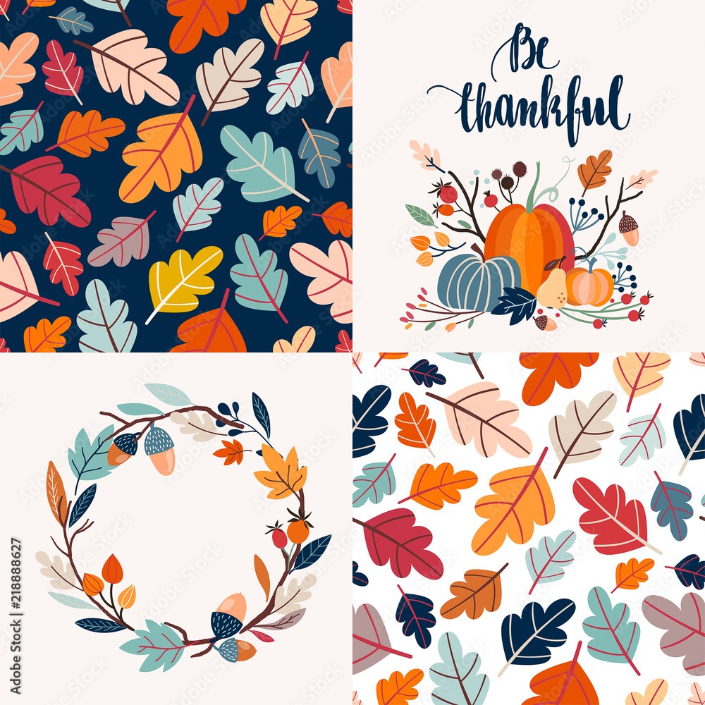Autumnal collection of cards with decorative seamless pattern and hand lettering