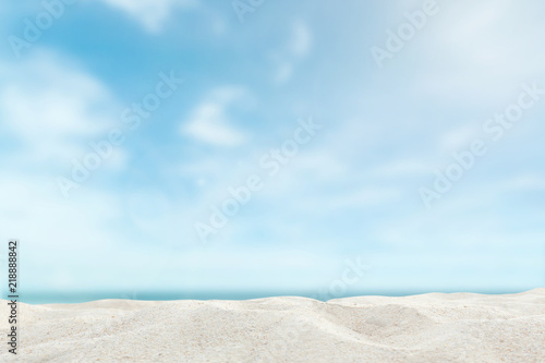 Focus Sand floor over blur summer beach sea background concept for mockup product banner, world environment day, happy holiday