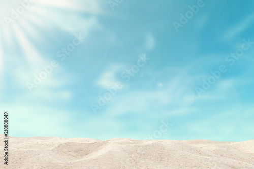 Focus Sand floor over blur summer beach sea background concept for mockup product banner, world environment day, happy holiday