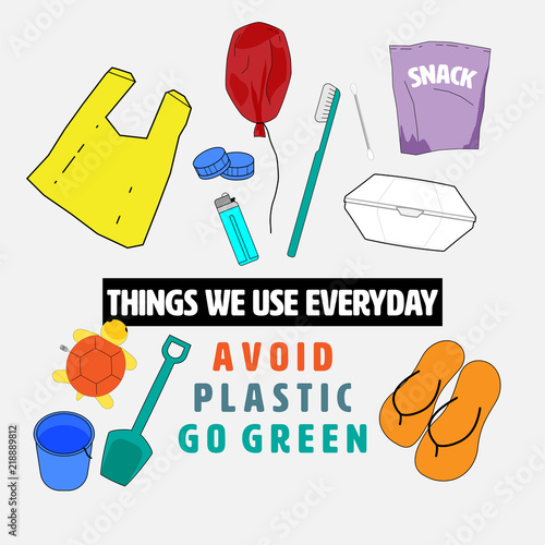 Set of outline flat icons plastic product we use everyday. Avoid plastic, go green concept. Vector illustration.