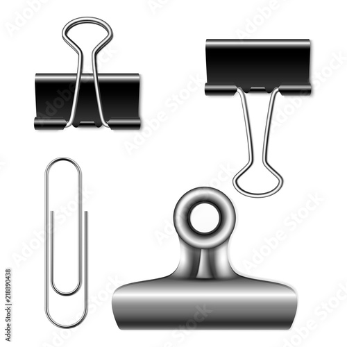 Binder clips vector illustration of 3D realistic metallic foldover or foldback clip of office stationery for paper sheets of memo notes. Isolated set on white background