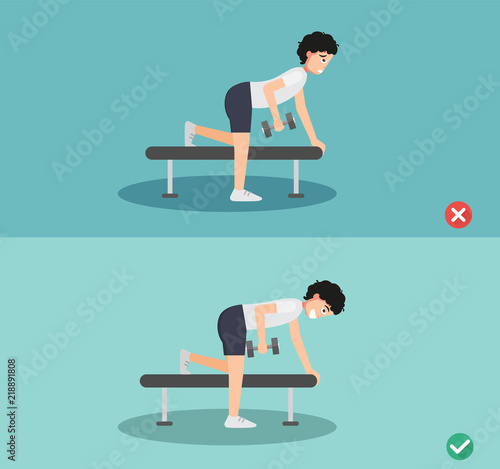 man wrong and right one arm dumbbell row posture,vector illustration