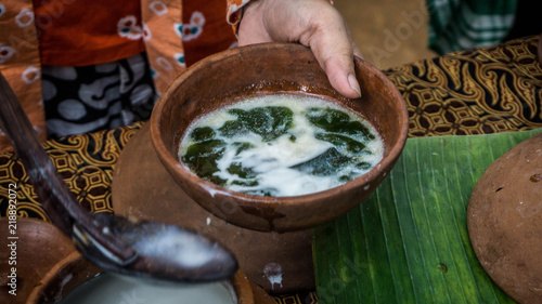 Closeup Grass Jelly green cincau on traditional pottery served in traditional market