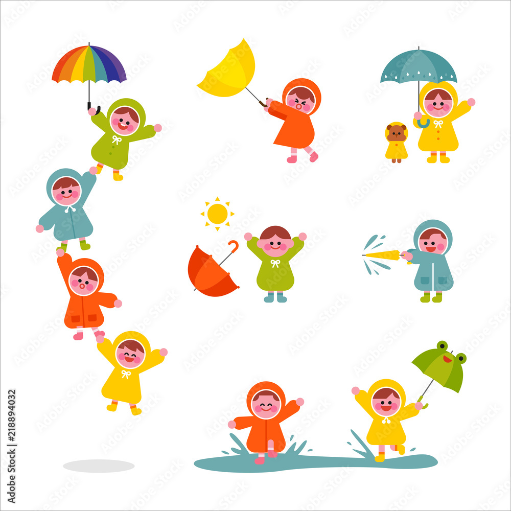 rainy day rain coat kids cute characters flat design style vector graphic illustration set