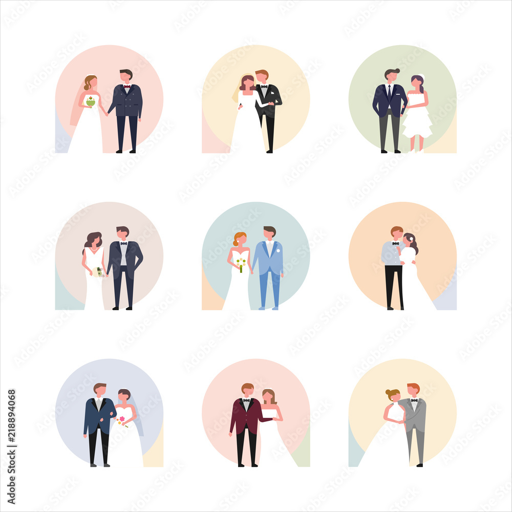 various style of bride and groom wedding dress. flat design style vector graphic illustration set various style of bride and groom wedding dress. flat design style vector graphic illustration set