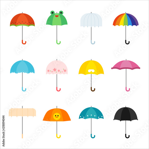 various kind of umbrellas. flat design style vector graphic illustration set
