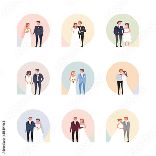 various style of bride and groom wedding dress. flat design style vector graphic illustration set